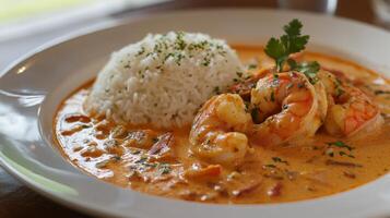 Delicious Creamy Shrimp Curry with Rice Fresh Herbs photo