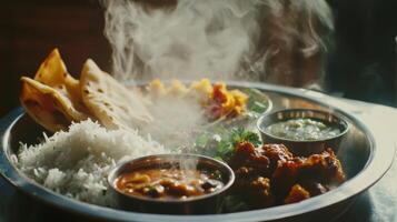 Authentic Indian Thali Platter Steam Curry Rice Chapati photo