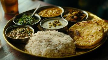 Authentic Indian Thali Delicious Curry Rice Naan Dal Raita photo
