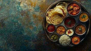 Authentic Indian Thali Delicious Curry Rice Roti More photo
