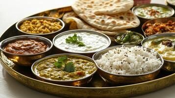 Delicious Indian Thali Close up of Aromatic Curries Rice Naan and Raita photo