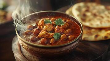Steaming Hot Chicken Curry with Naan Bread Indian Cuisine photo