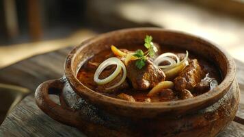 Aromatic Indian Lamb Curry in Clay Pot Rustic Food Photo