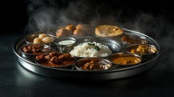 Authentic Indian Thali Steaming Hot Curry Rice Chapati More photo