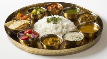 Authentic Indian Thali Colorful Curry Rice Chutney Platter photo