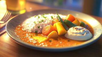 Delicious Vegetarian Curry Rice Vegetables and Yogurt Raita photo
