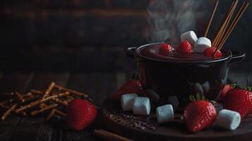 Decadent Chocolate Fondue Strawberries Marshmallows Pretzel Sticks photo