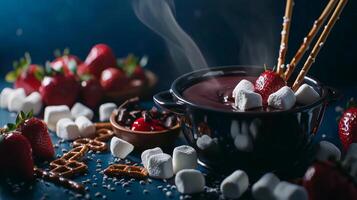 Decadent Chocolate Fondue Strawberries Marshmallows Pretzels photo