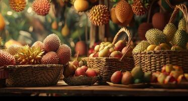 Exotic Tropical Fruits Market Durian Mango Starfruit Baskets photo