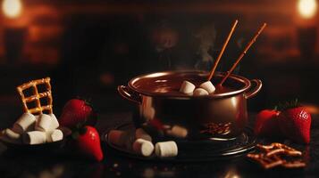 Delicious Chocolate Fondue Strawberries Marshmallows Pretzels photo