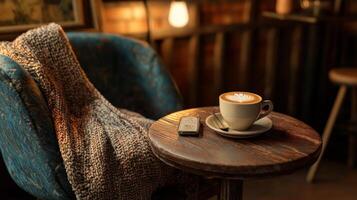 Cozy Cafe Cappuccino Knit Blanket Wooden Table Warm Lighting photo