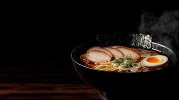 Delicious Steaming Ramen Bowl Pork Egg Noodles Seaweed photo
