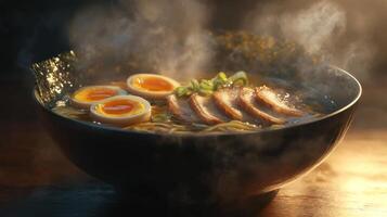 Steaming Bowl of Ramen Noodles Pork Egg Seaweed Broth photo