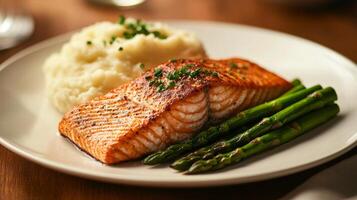 Gourmet Seared Salmon Dinner Mashed Potatoes Asparagus photo