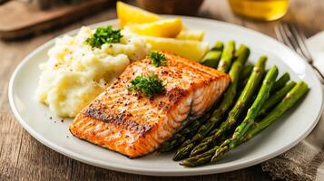 Gourmet Seared Salmon Dinner Asparagus Mashed Potatoes Lemon photo
