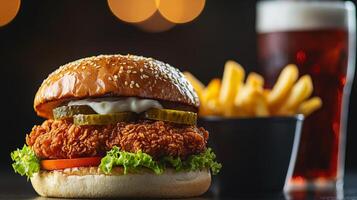 Crispy Fried Chicken Sandwich Fries Soda Fast Food Meal photo