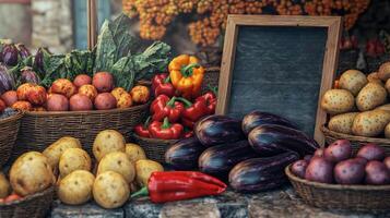 Farmers Market Fresh Vegetables Potatoes Eggplants Peppers Baskets photo