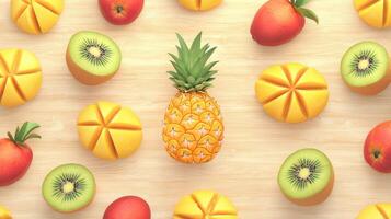 Vibrant Tropical Fruit Pattern Pineapple Mango Kiwi Papaya photo