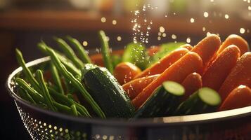Fresh Washed Vegetables in Colander Kitchen Setting photo