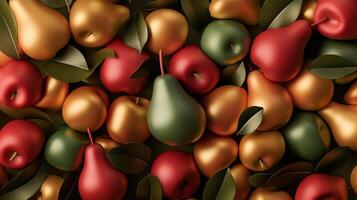 Seamless Pattern Red Green Gold Apples Pears 8K Realistic Fruit photo