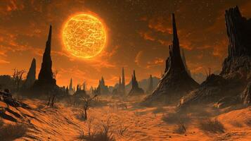 Alien Desert Landscape Dual Suns Orange Dunes Rocky Formations photo