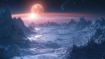 Alien Ice Planet Landscape Frozen Mountains Gas Giant and Crystalline Formations photo