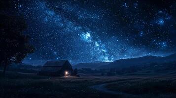 Serene Night Starry Sky Rustic Barn Peaceful Landscape photo
