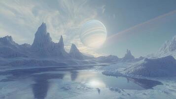 Frozen Alien Landscape Ice Planet with Gas Giant Rings photo