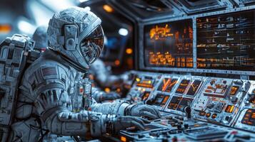Astronaut Spacecraft Control Panel Futuristic Technology Exploration photo