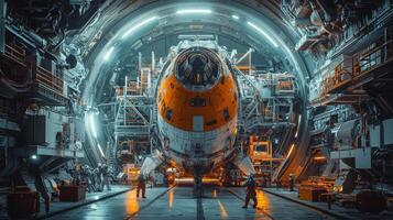 Futuristic Spaceship Docked in High Tech Space Station Hangar photo