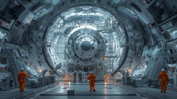 Futuristic Spaceship Docked in High Tech Space Station photo