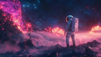 Astronaut on Alien Planet Surreal Landscape Glowing Mountains Space Exploration photo