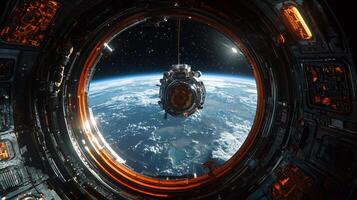Astronaut Spacewalk Earth Orbit Space Station View High Resolution photo