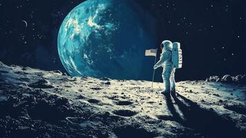 Astronaut Planting Flag on Moon Earth in Background Space Exploration photo