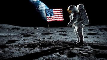 Astronaut on Moon Planting Flag Earth in Background Lunar Surface Details photo