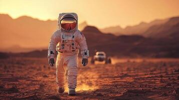 Martian Sunrise Astronaut Exploration on Red Planet Landscape photo