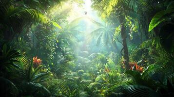 Lush Tropical Jungle Sunlit Canopy Exotic Plants Nebula View photo