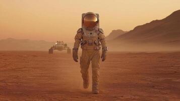 Martian Sunrise Astronaut Exploring Red Planet Landscape photo