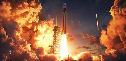 Powerful Rocket Launch at Sunset Space Exploration Technology photo