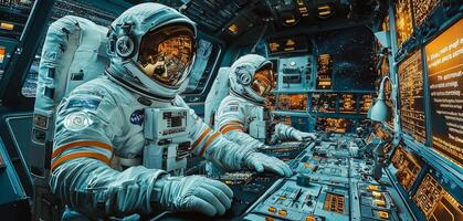 Astronauts in Spacecraft Cockpit Futuristic Space Exploration Sci Fi photo