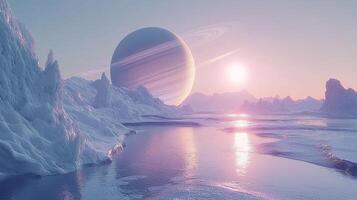 Ethereal Ice Planet Landscape Rings Sunset Crystalline Peaks photo