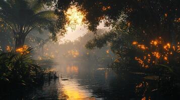 Magical Bioluminescent Jungle River at Sunset Fantasy Landscape photo