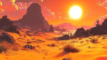 Alien Desert Landscape Sunset Dunes Rocks Plants Two Suns photo
