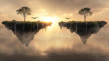 Surreal Sunset Floating Islands Trees Birds Calm Water Fantasy Landscape photo