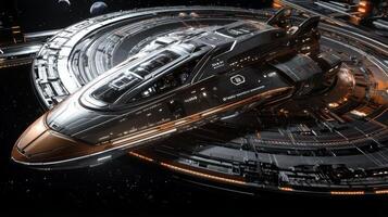 Futuristic Spaceship Docked at Space Station Sci Fi Spaceship Spacecraft Cosmic Galaxy Starfield photo