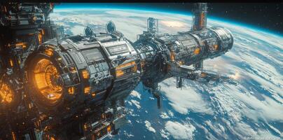 Futuristic Space Station Orbiting Earth Sci Fi Spacecraft Technology Exploration photo