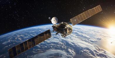 Satellite Orbiting Earth Space Exploration Technology Communication Solar Panels Sunrise photo