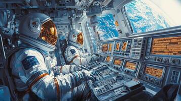 Astronauts in Spacecraft Cockpit Earth View Space Exploration photo