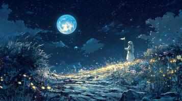 Astronaut Planting Flag on Moon Earthrise Night Sky Fantasy Landscape photo