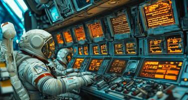 Astronauts Working Spacecraft Control Panel Futuristic Technology photo